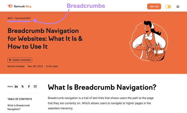A blog about breadcrumb navigation has the breadcrumbs SEO, technical SEO.
