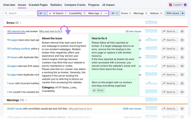 Site audit error details showing broken internal links and fix instructions.