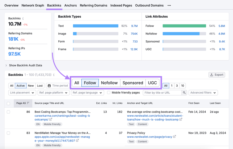 Backlink filters highlighted with follow link option selected