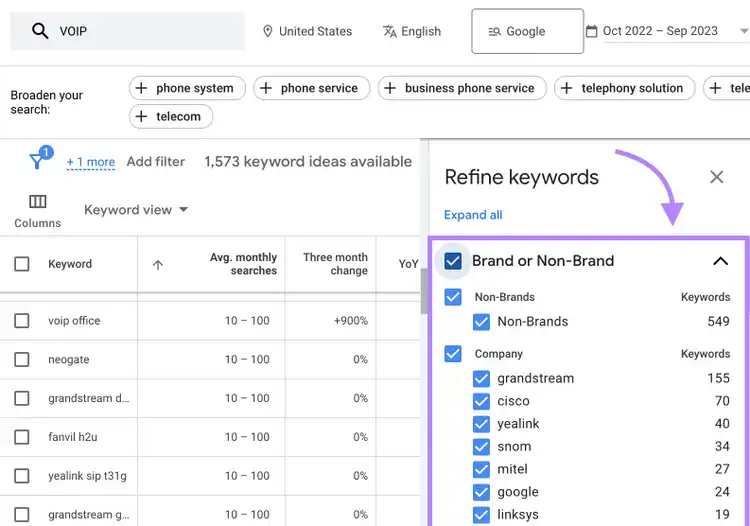 “Refine keywords” drop-down menu in Keyword Planner