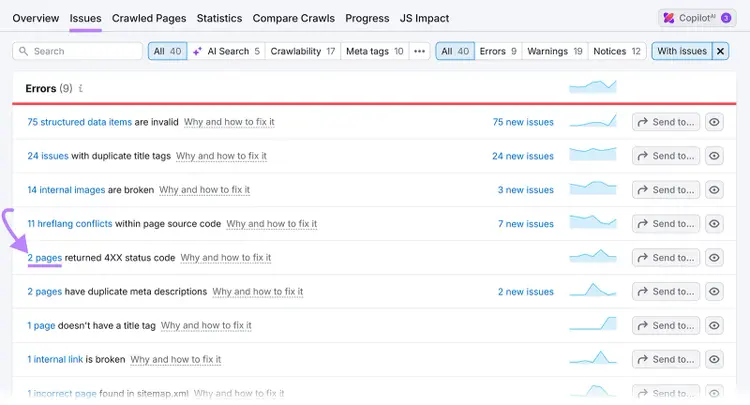 Semrush Issues tab showing errors with arrow pointing to 2 pages returned 4XX status code.