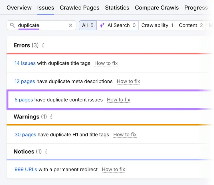 Semrush Site Audit issues filtered for duplicate content problems