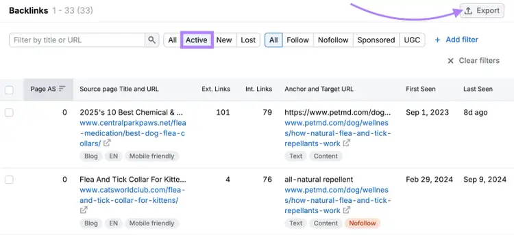 Active filter is applied to show live backlinks to your competitor's broken page.