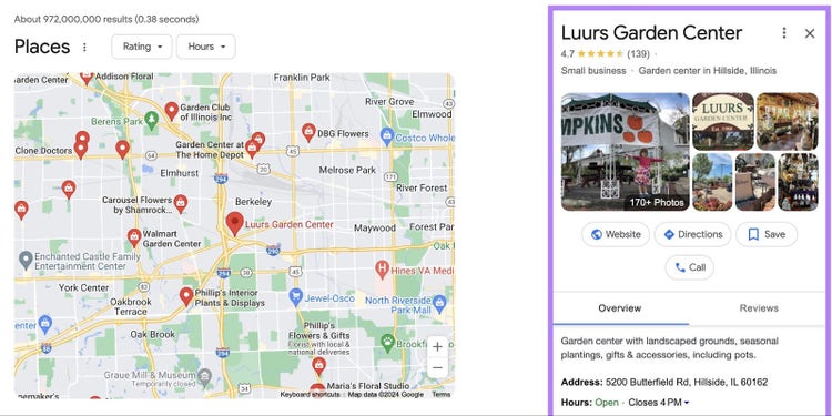 local garden center google business profile in google serp