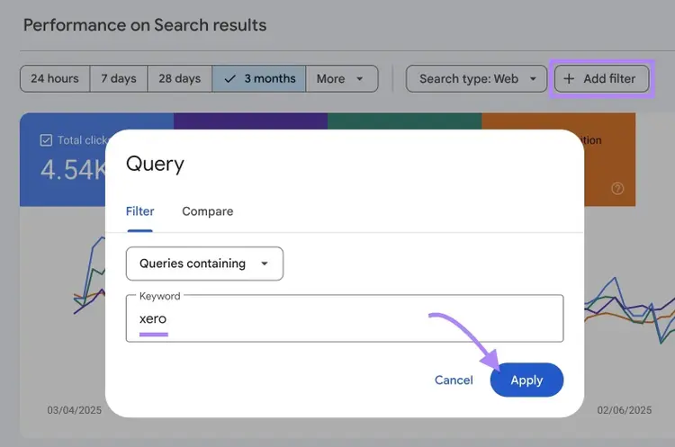 Applying the "Query" filter on GSC to only show queries containing the inputted keyword.