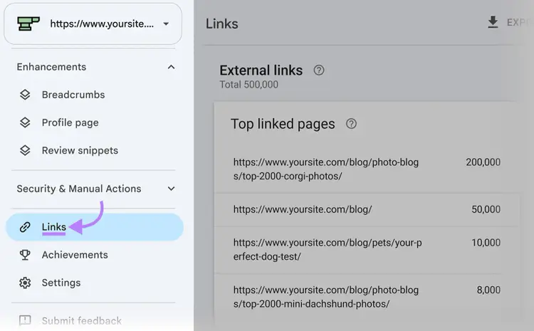 Google Search Console navigation with the Links report highlighted alongside a list of top linked pages