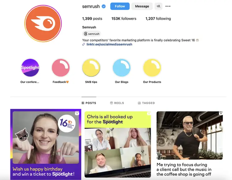 instagram profile with stories and posts