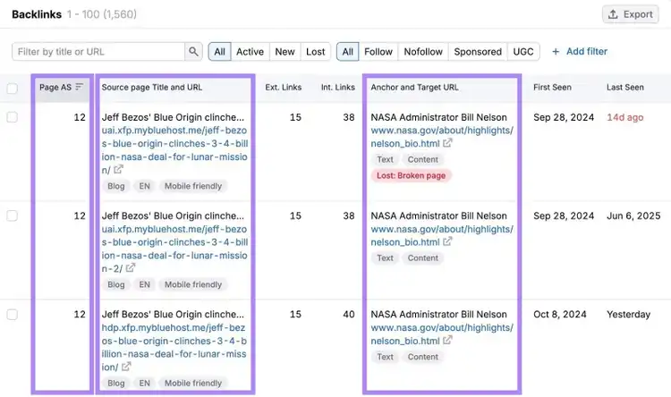 Page authority score, source page title and URL, anchor and target URL columns highlighted on the "Backlinks" report in the Backlinks tool.