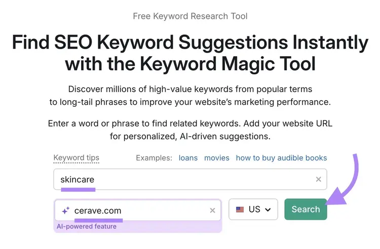 Keyword Magic Tool home with "skincare" entered as the term, a domain entered, and "Search" clicked.