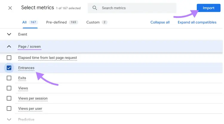 “Entrances” and "import" button selected under "Select metrics" window