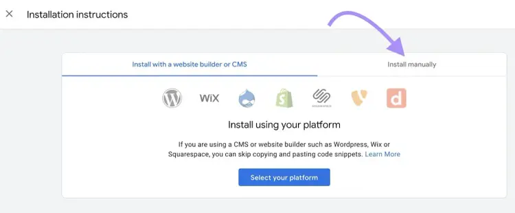 “Install manually" option selected