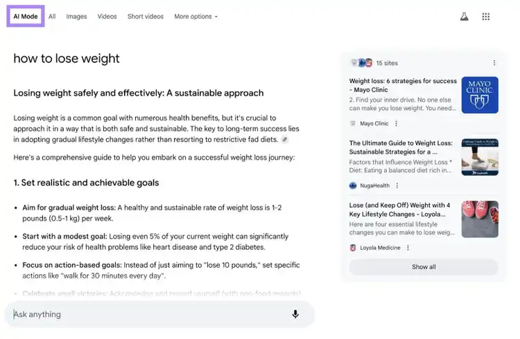 An AI-generated answer for the query "how to lose weight" on Google's AI Mode.