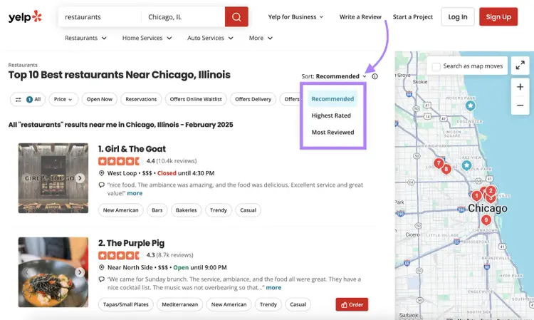 Sorting options include recommended, highest rated, and most reviewed. The top reviews for a local search have high average ratings and thousands of reviews.
