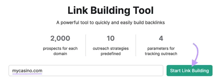 "mycasino.com" entered into the Link Building tool search bar