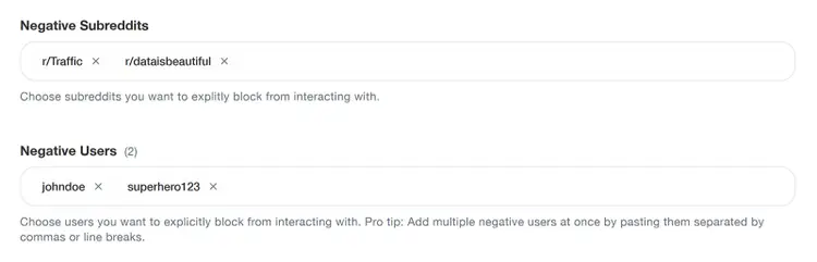 Filtering settings to exclude specific subreddits and users from monitoring results.