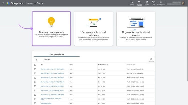 “Discover new keywords” highlighted in Keyword Planner
