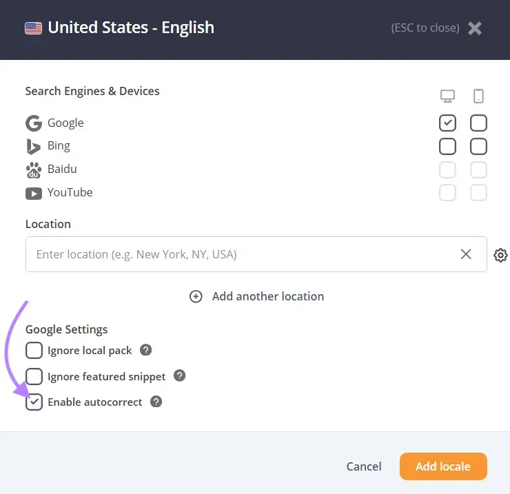 Enable autocorrect is checked.