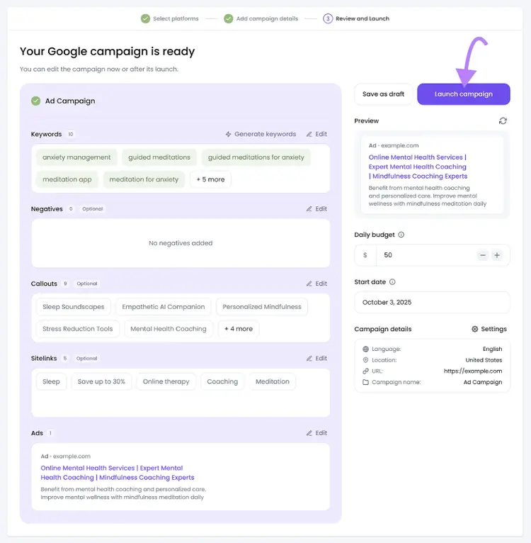 Google campaign review page with arrow pointing to Launch campaign button.