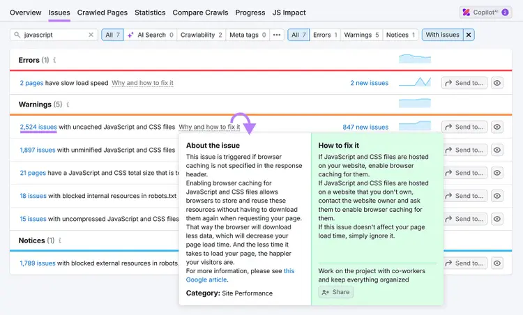 JavaScript issues report highlighting uncached JS and CSS files with explanation and fix steps.