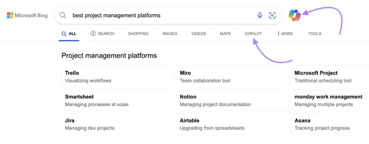 Copilot logo is found next to the search bar.