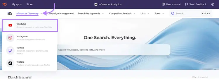 Influencer Discovery dropdown menu with YouTube option highlighted.