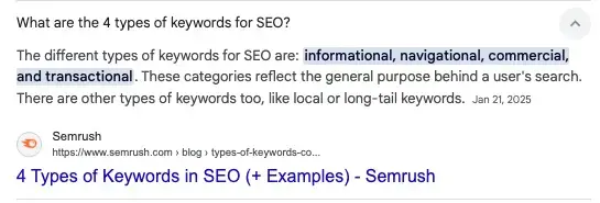 featured snipper for “What are the 4 types of keywords for SEO?”