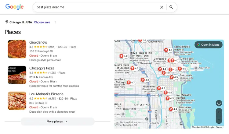 Google local pack results for “best pizza near me” showing Chicago pizza restaurants and map listings