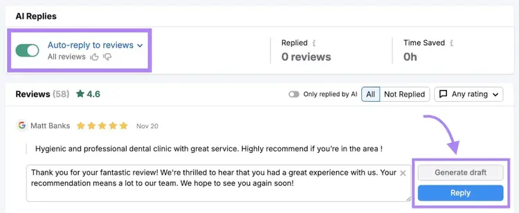 Review Management with "Auto-reply to reviews" toggled on along with the options next to a AI-generated reply to a review highlighted.