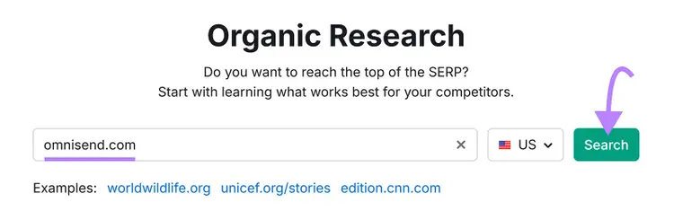 Organic Rankings tool with omnisend.com entered and arrow pointing to Search
