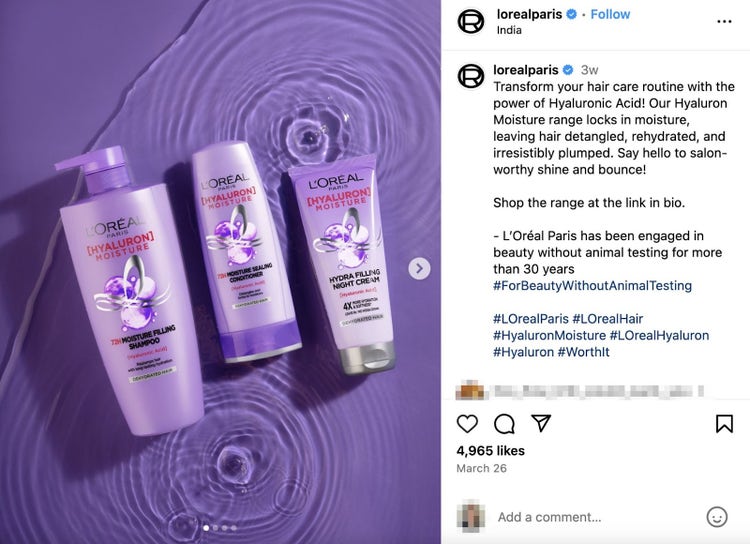loreal instagram product post for their hyaluronic hair care line
