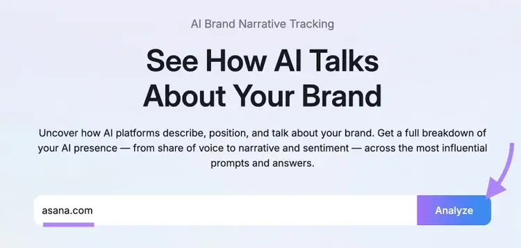 Brand Performance report with "asana.com" entered as the domain and "Analyze" clicked.