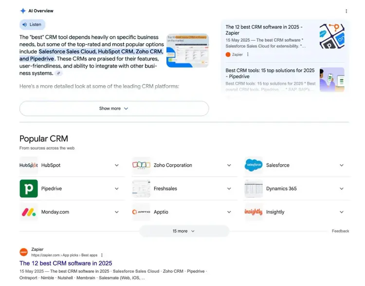 Google SERP for the term "best CRM tools" showing an AI Overview, a product carousel, then followed by a organic listing.