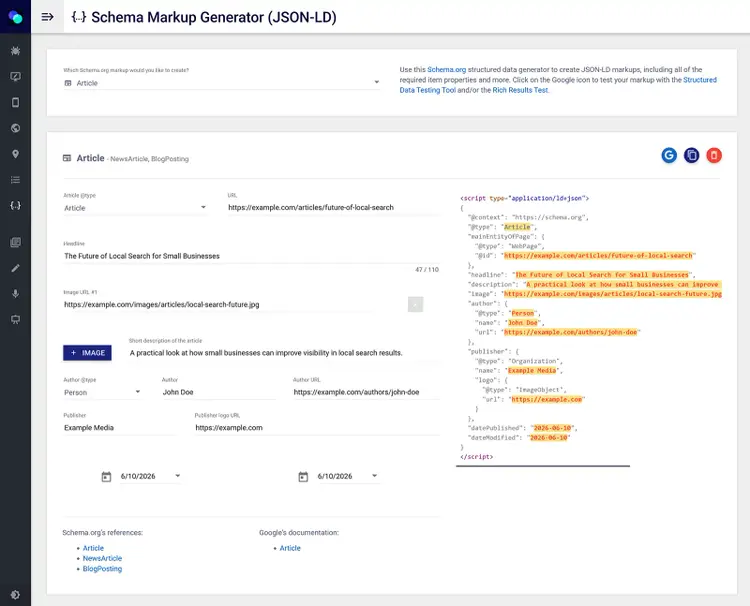Schema Markup Generator showing article fields and generated JSON-LD code