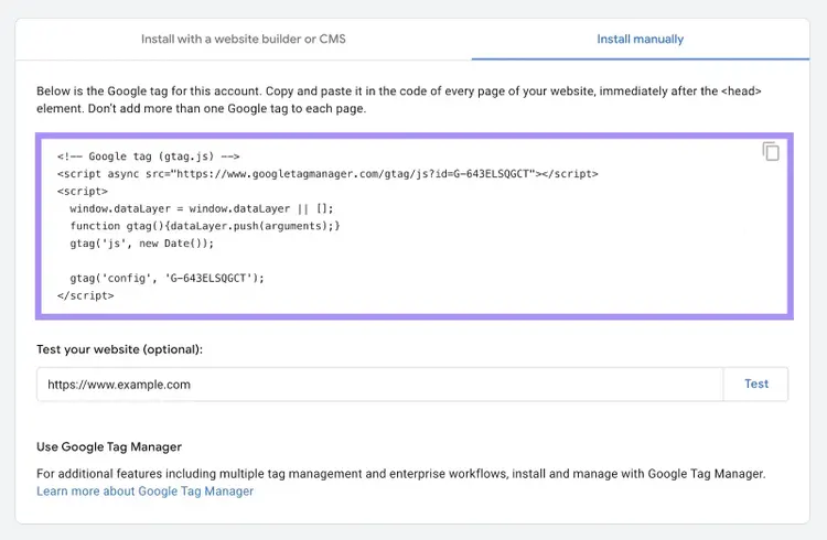 Google tag code snippet to install manually or through a CMS.