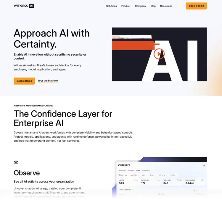 WitnessAI homepage highlighting enterprise AI security and governance platform
