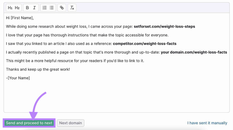 A sample email template from Link Building Tool outreach module