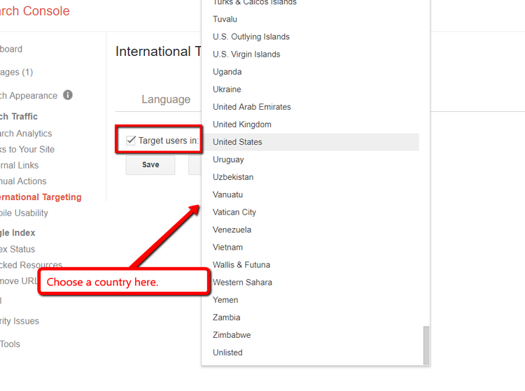 Google Webmaster International Targeting Settings