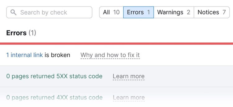 "Errors" on Site Audit showing the most serious website issues like broken internal links, 5xx status code errors, 4xx status code errors, etc.