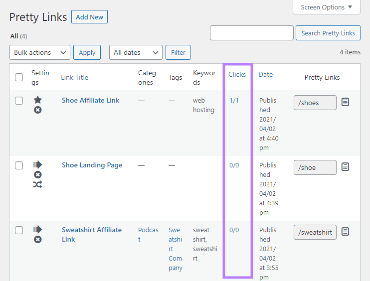 Pretty Links Link Manager with links listed and clicks column highlighted