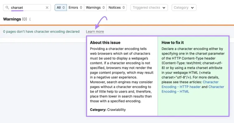 Site Audit issue: character encoding declaration explanation