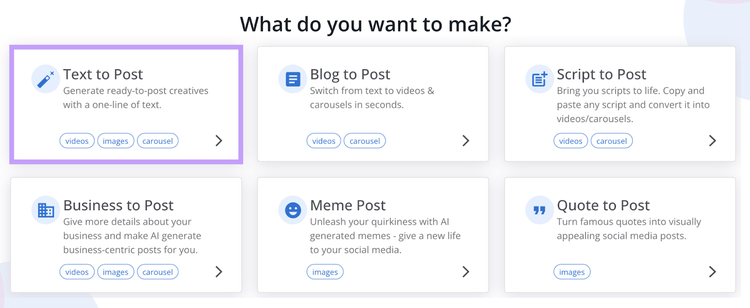 "Text to Post" creation options selected in AI Social Content Generator