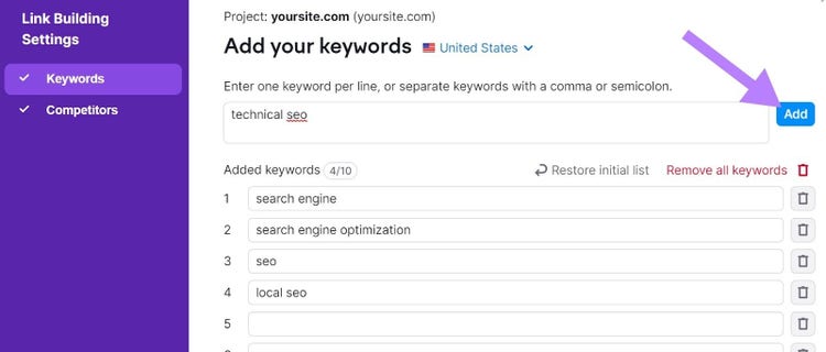 "Add your keywords" page