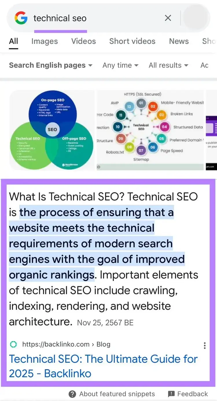 Featured snippet defining technical SEO with highlighted text on meeting search engine requirements.