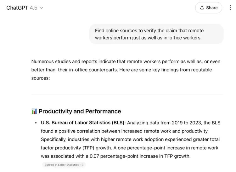 Prompt says, "Find online sources to verify the claim that remote workers perform just as well as in-office workers." And the response shows statistics from various sources.