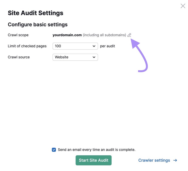 Crawl score in Site Audit Settings window