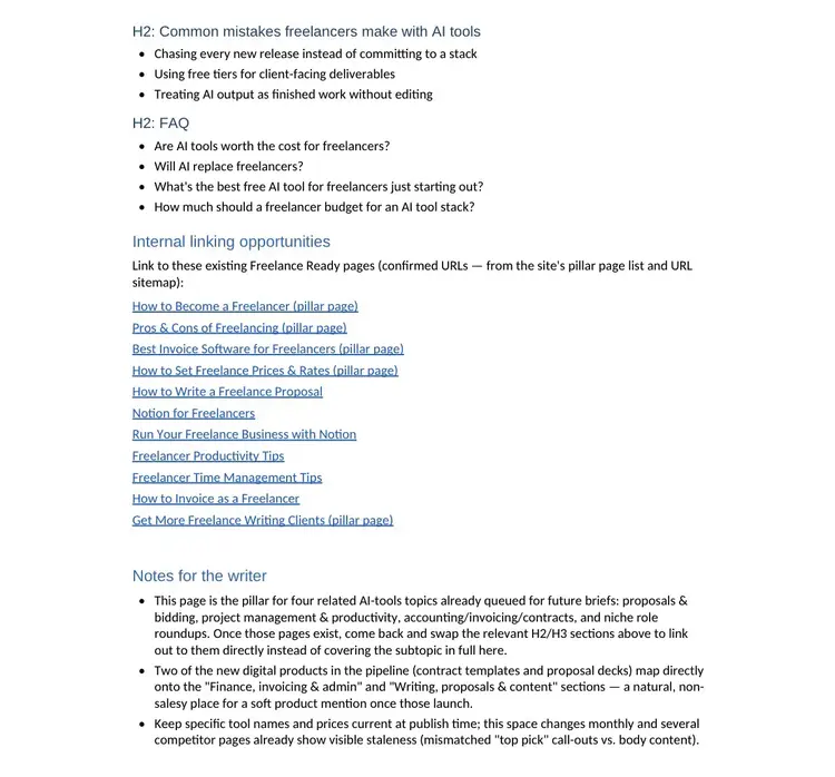 AI-generated content brief notes showing FAQ ideas, internal linking opportunities, and guidance for the writer
