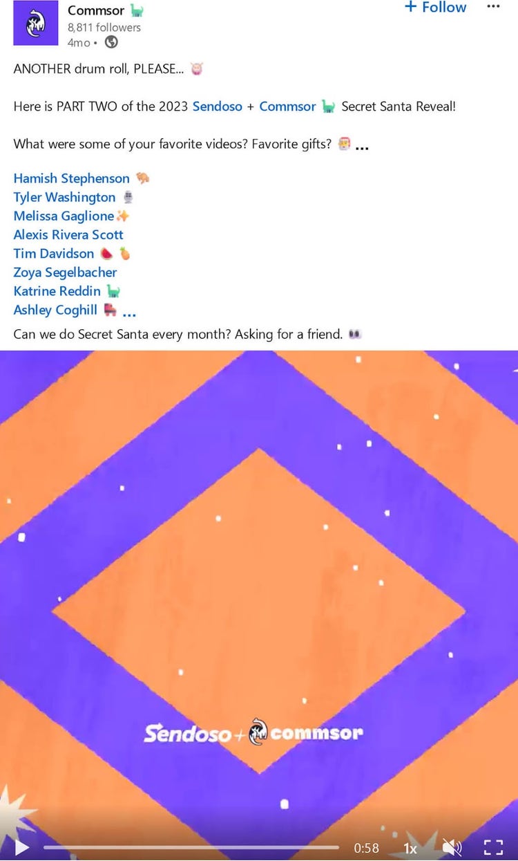 LinkedIn post from Commsor presenting a Sendoso + Commsor collaboration and a list of influencers.