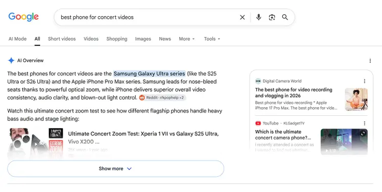 Google AI Overview recommending Samsung Galaxy Ultra and iPhone Pro Max for recording concert videos