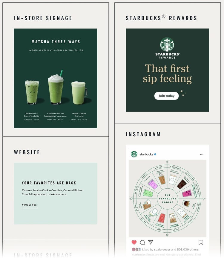 an example of Starbucks messages in different channels, in-store signage, Starbucks Rewards, website and Instagram