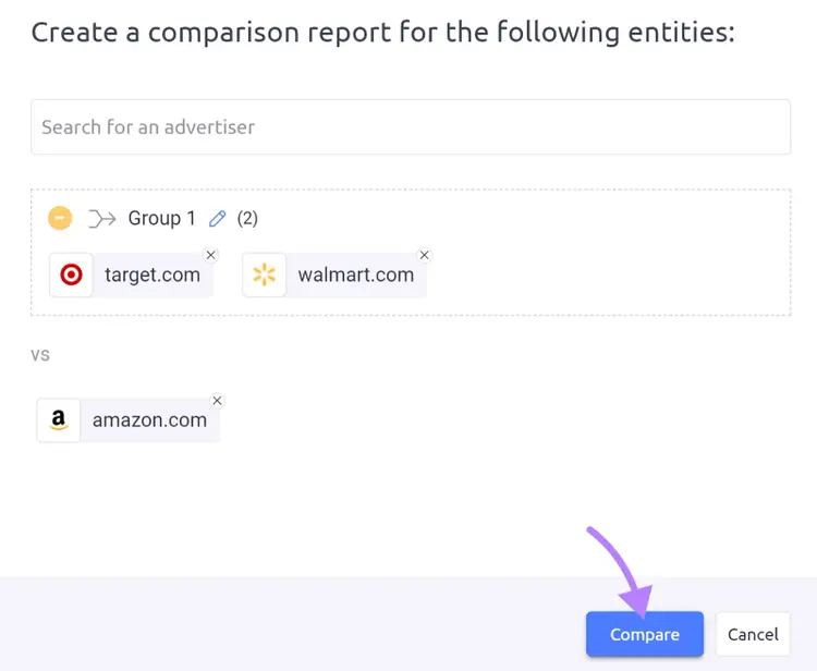 "target.com," "walmart.com" and "amazon.com" entered into AdClarity tool